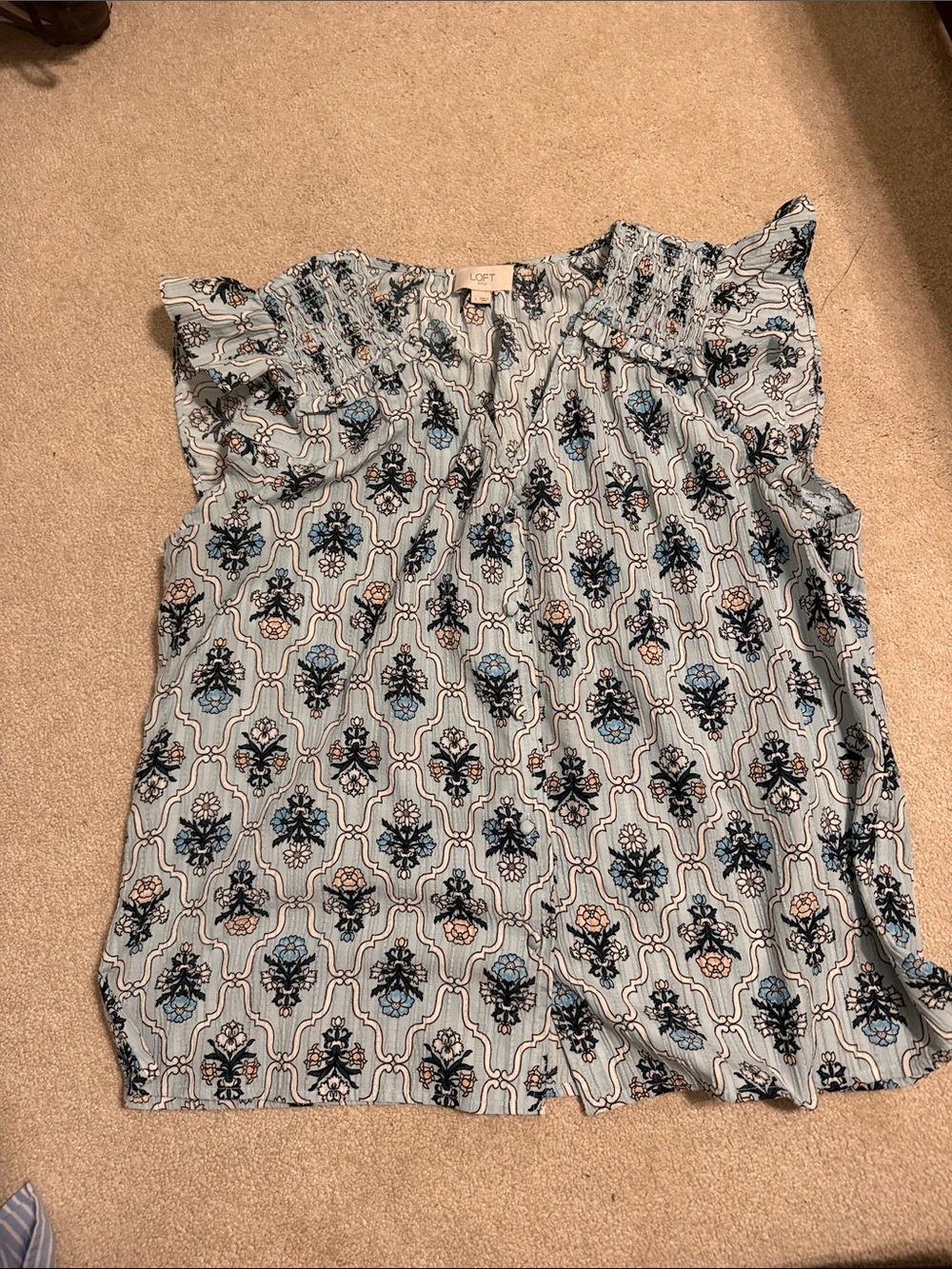 LOFT Light Blue Floral Smocked Neck Sleeveless Top